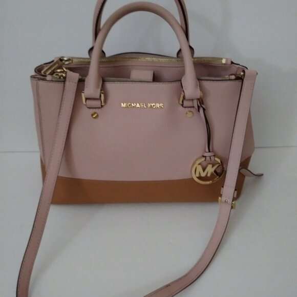 Michael Kors Satchel Bag Purse Double Handle Logo Charm Pink/Tan - Picture 6 of 16